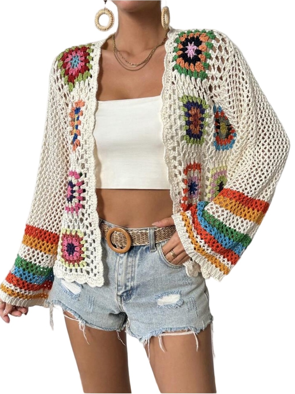 SHEIN boho Open-Front Cardigan Sweater - Cream with Multicolor Accents